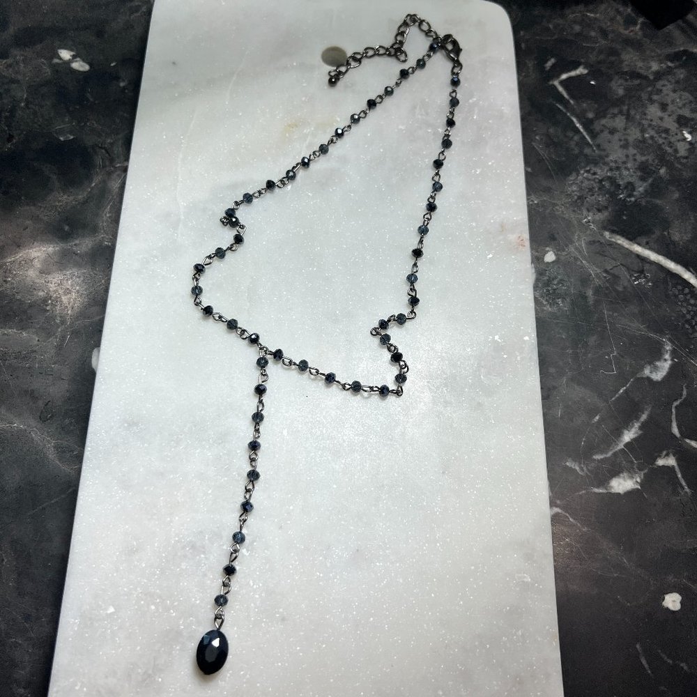 Gun metal tone chain link drop pendant necklace navy crystal